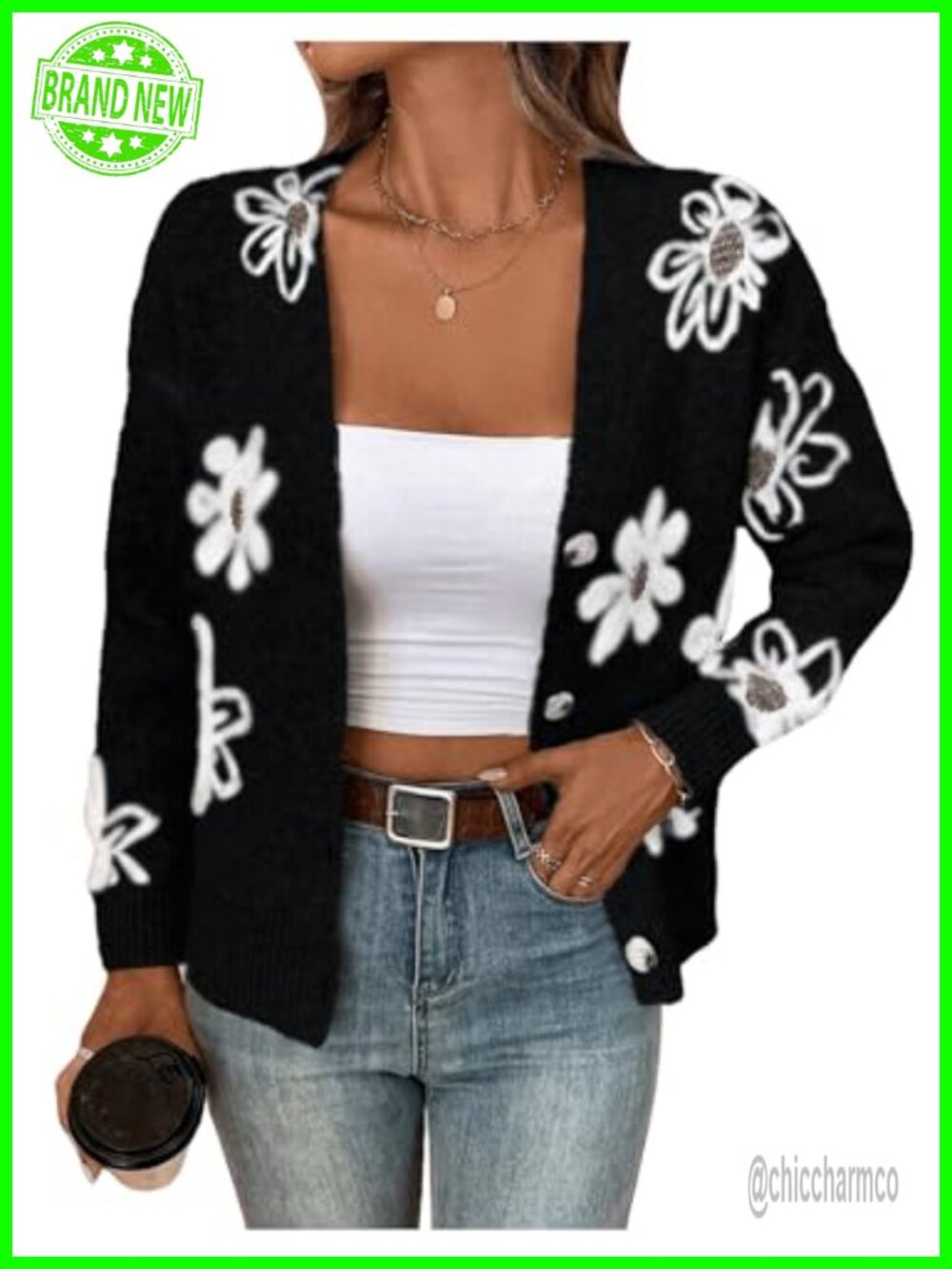 Floral Button Down Cardigan Long Sleeve V Neck Knit Sweater